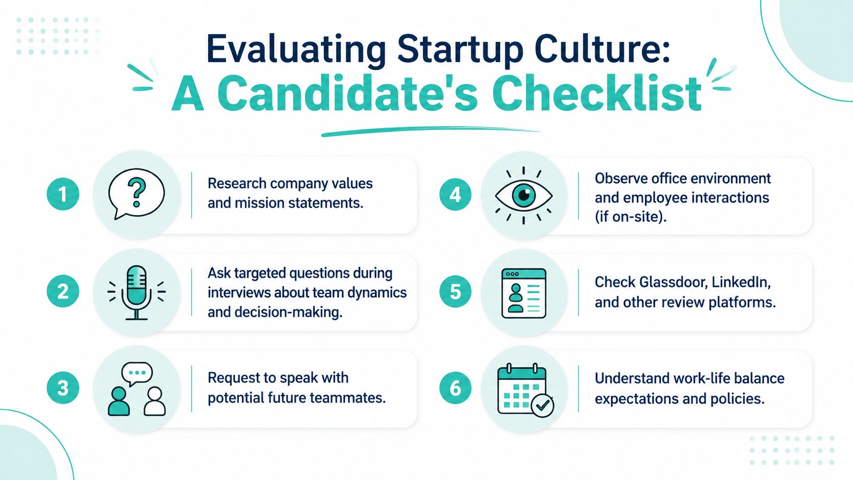 A six-step checklist for candidates to evaluate startup company culture effectively during the hiring process.