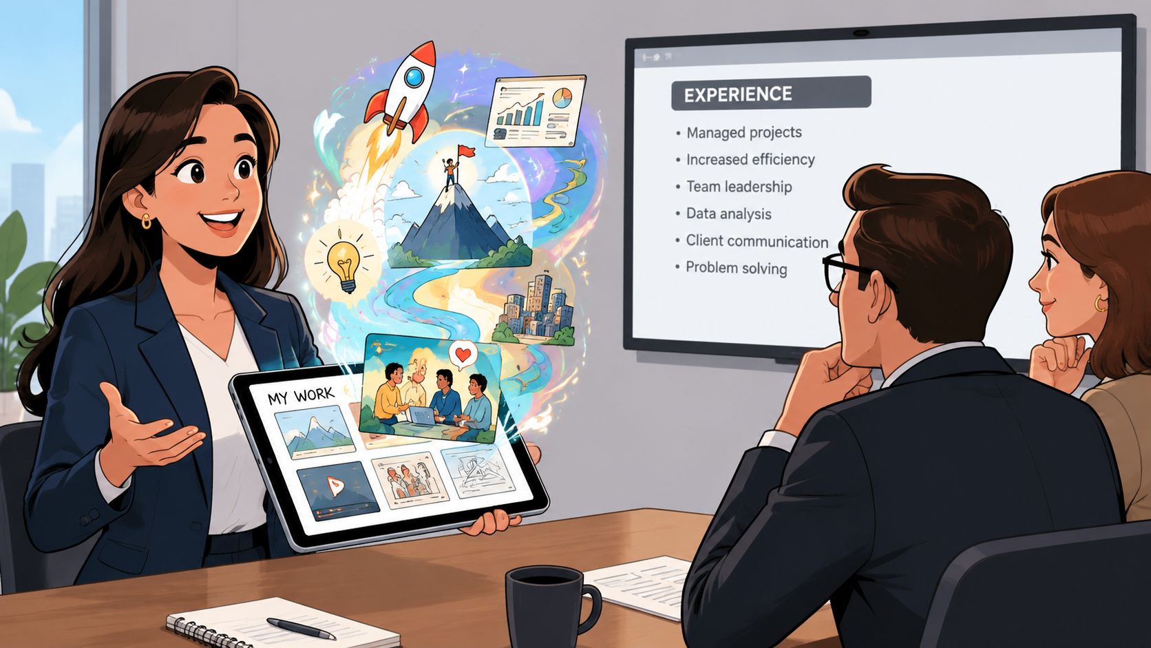 A professional candidate presenting a creative digital portfolio during a job interview in a corporate office setting.