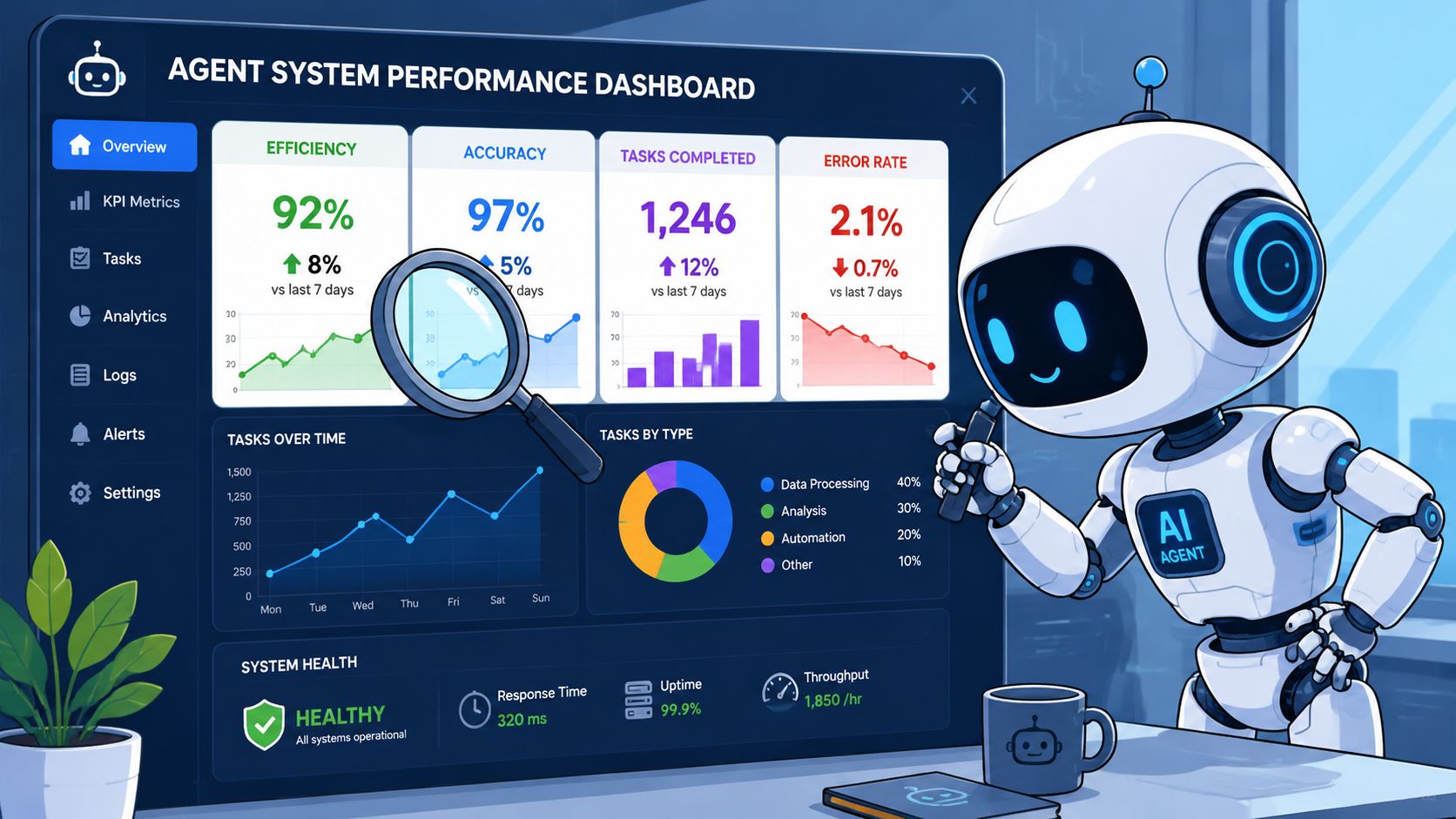 A cute AI robot character inspecting a futuristic dashboard showing performance metrics, efficiency, and task analytics.