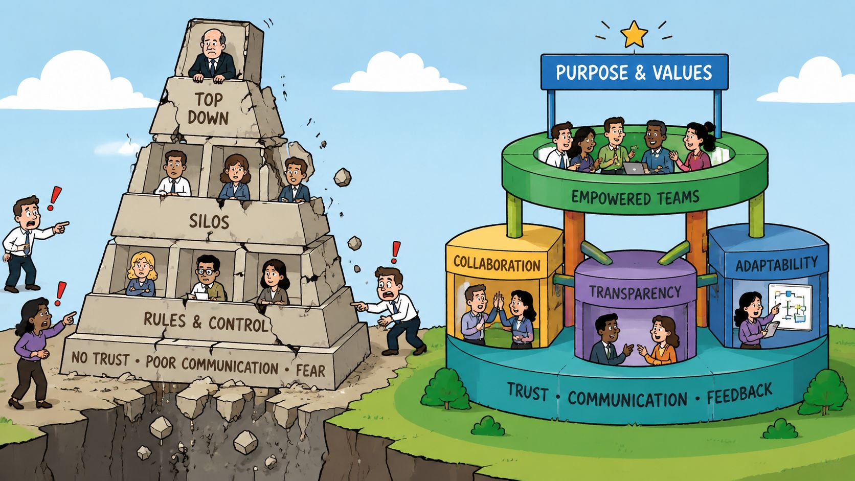 A comparison illustration showing a crumbling top-down corporate hierarchy versus a modern, circular team-based organizational structure.