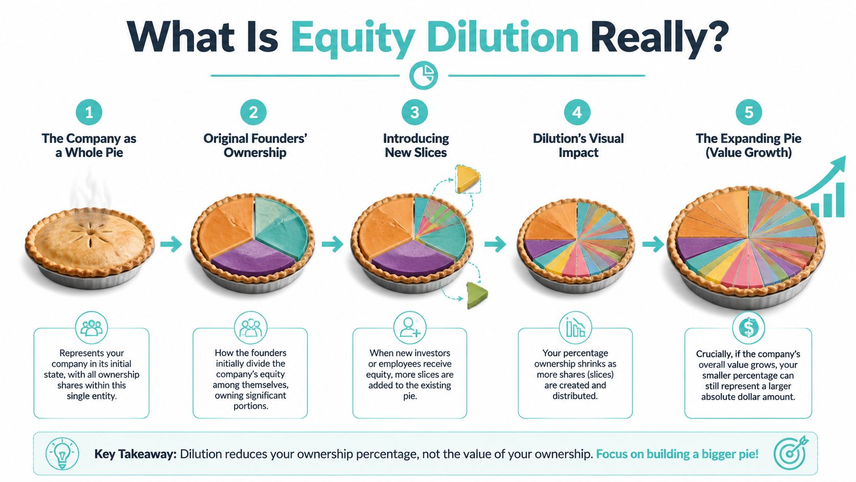 An infographic illustrating how equity dilution works using a pie chart metaphor for company ownership and growth.