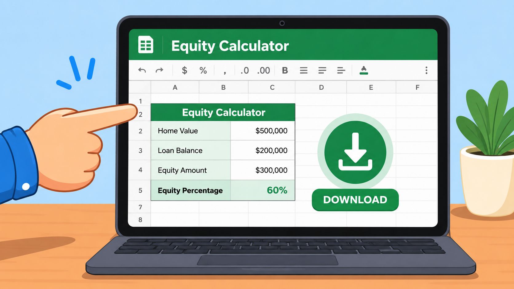 A digital screen displaying an equity calculator spreadsheet with a hand pointing towards the data fields.