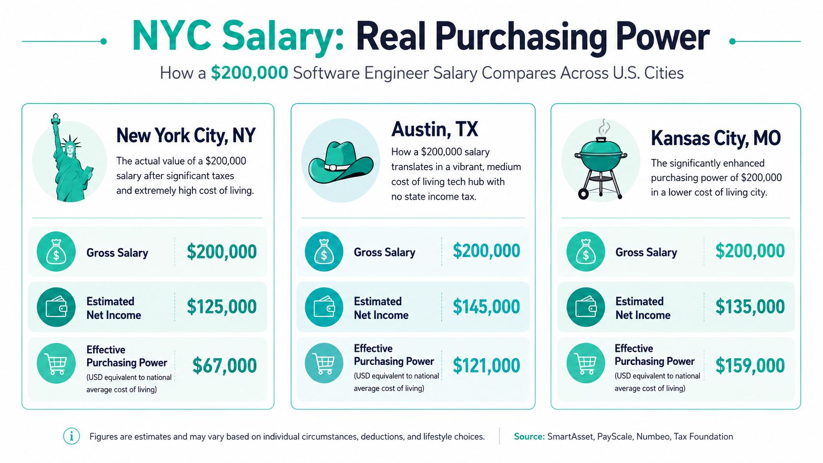 An infographic comparing a 200,000 dollar software engineer salary across New York City, Austin, and Kansas City.