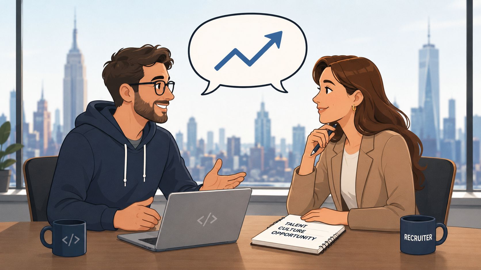 A software engineer discussing career growth with a recruiter in a modern New York City office.