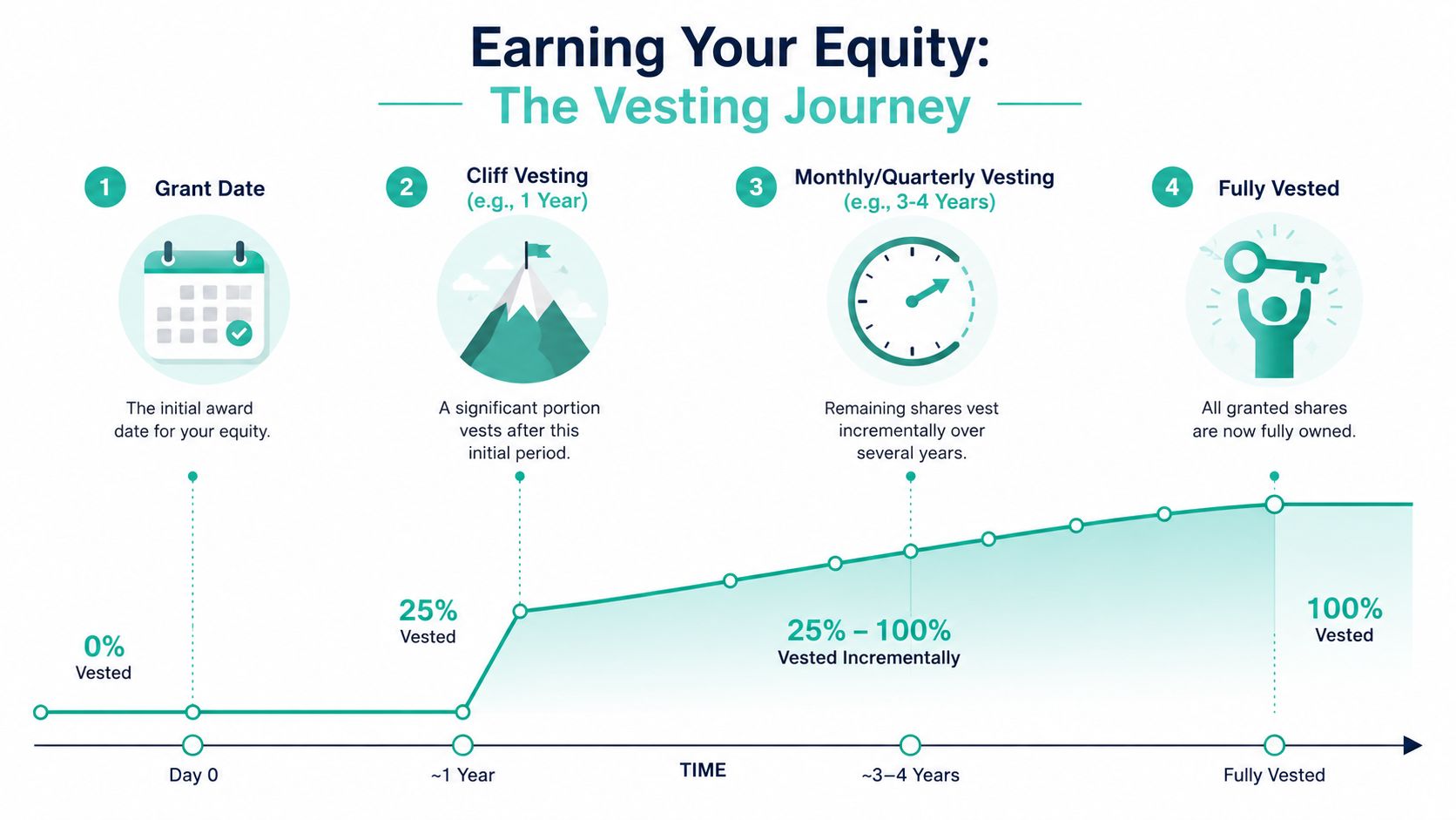 An infographic showing the four stages of equity vesting from grant date to fully vested ownership.