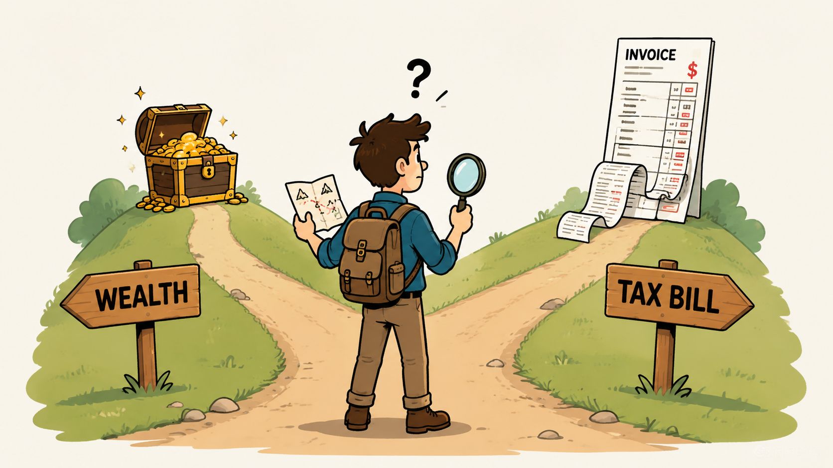 A person standing at a fork in the road choosing between wealth and a tax bill.