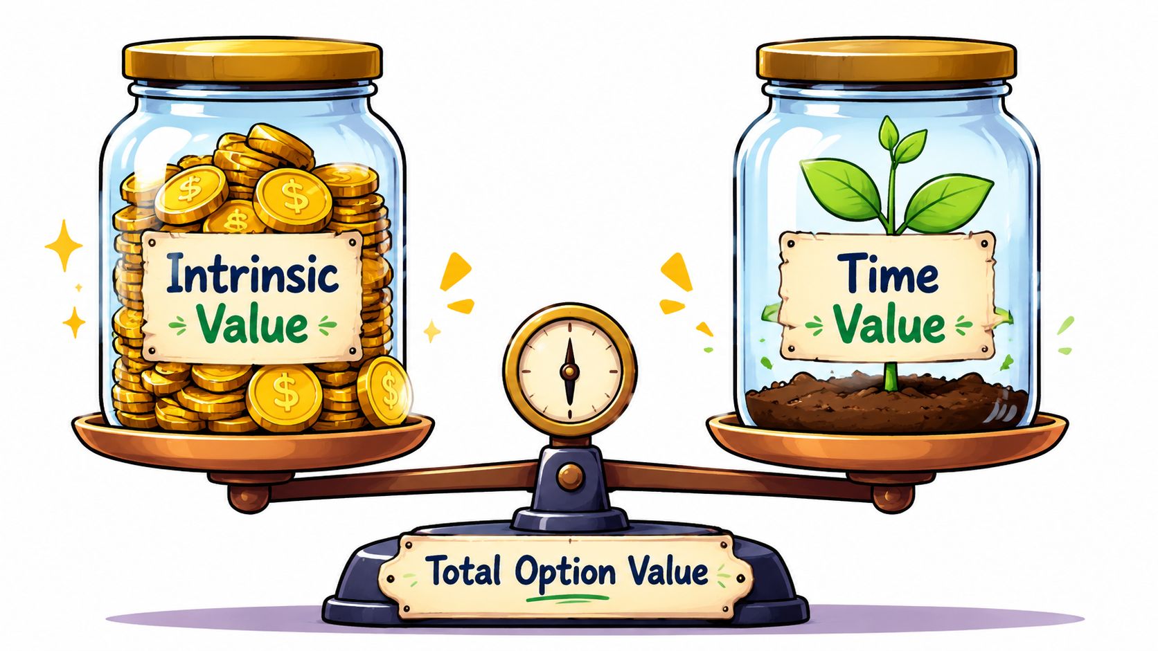 A conceptual illustration balancing jars labeled Intrinsic Value and Time Value on a scale titled Total Option Value.
