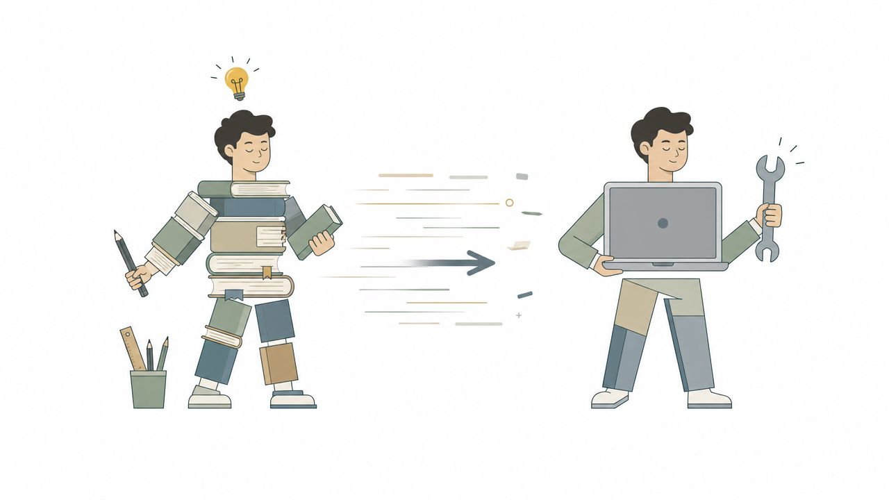 An illustration showing a transformation from a book-based learner to a skilled tech professional with tools.