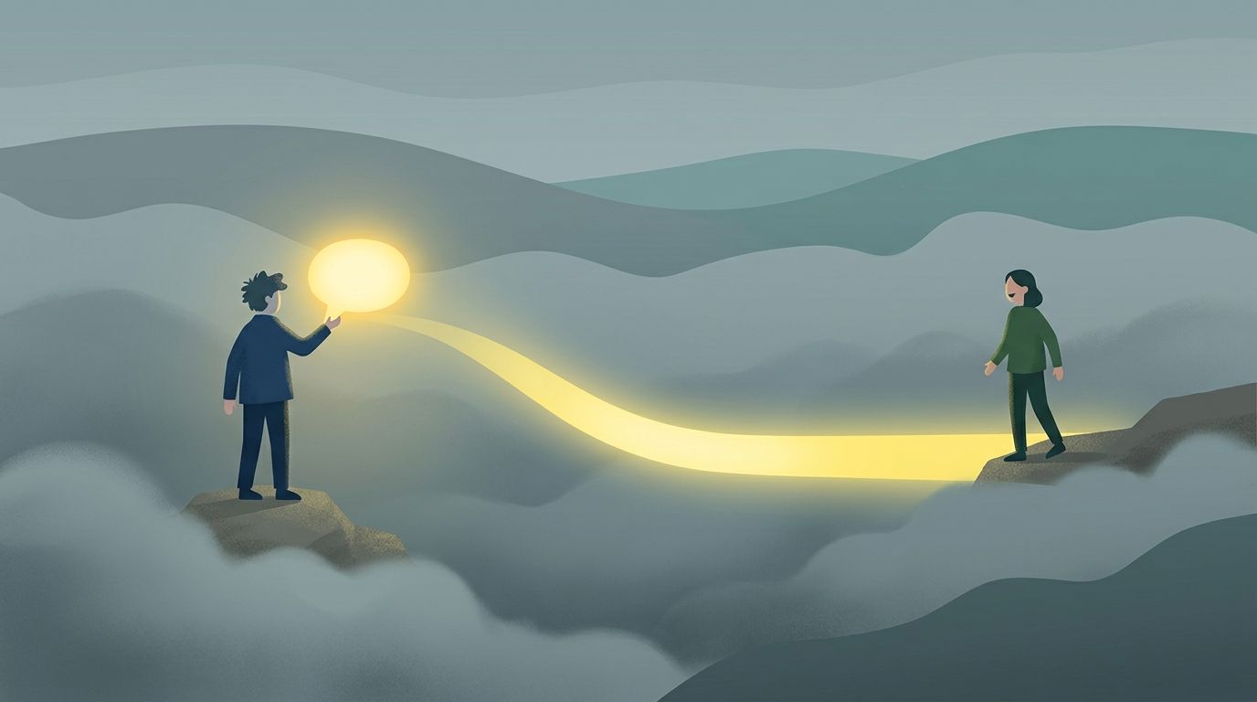 A person standing on a cliff reaching out a glowing speech bubble to another person across a chasm.