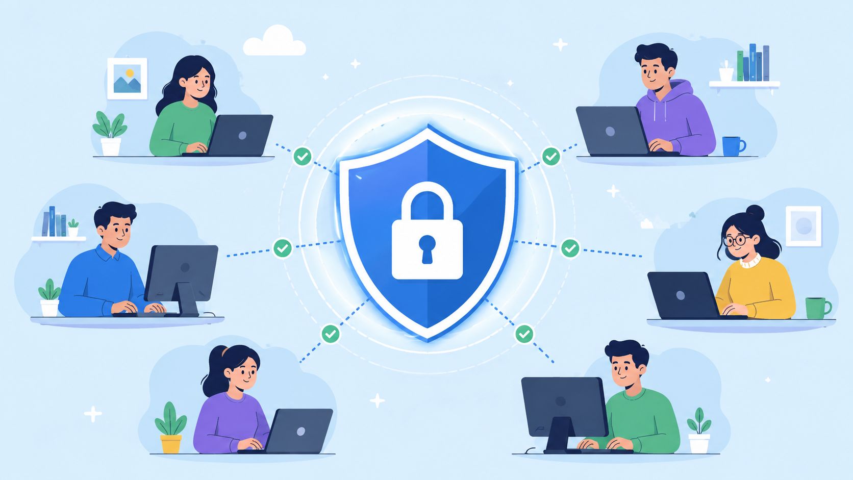 A central digital shield icon protecting six remote workers connected via network nodes on their computers.