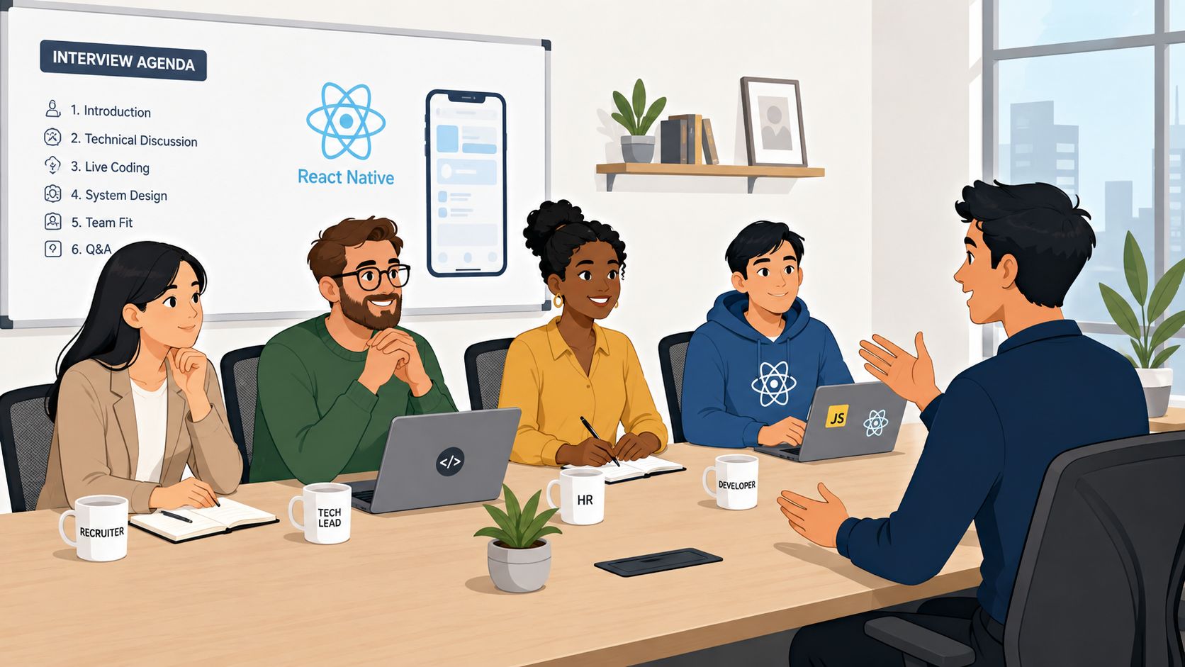 A diverse group of interviewers sitting around a table meeting with a job candidate for a developer role.