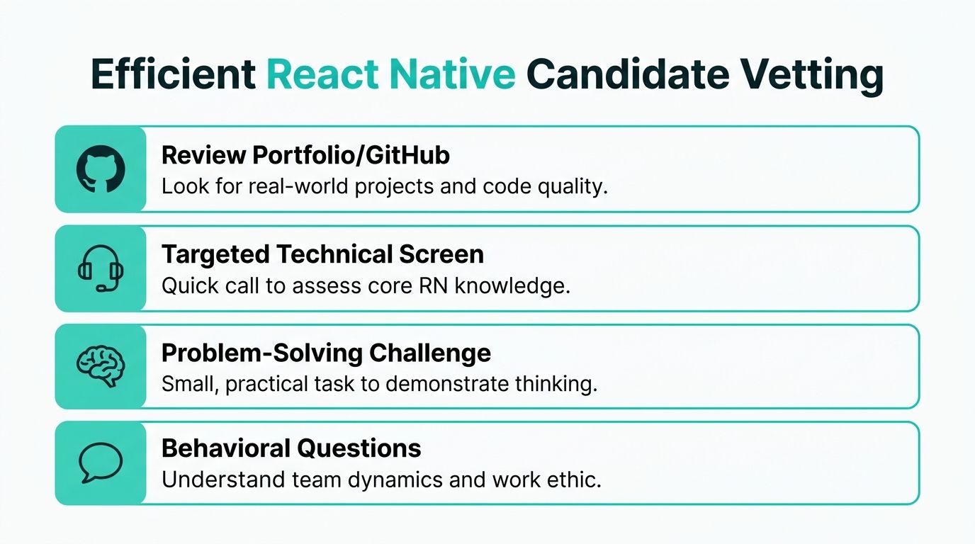 A structured infographic outlining a four-step process for effectively vetting and hiring React Native developers.