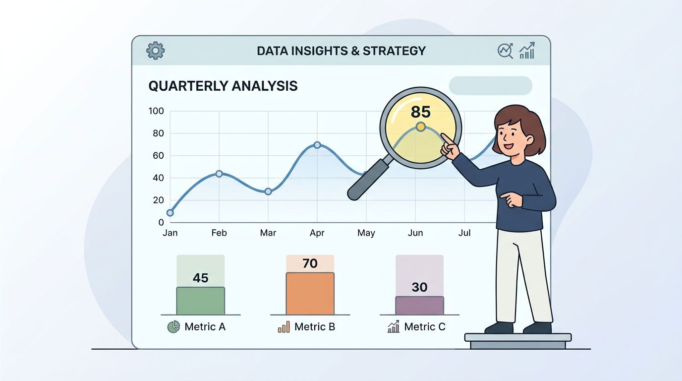 A woman presenting data analysis with a magnifying glass over a chart showing product performance metrics.