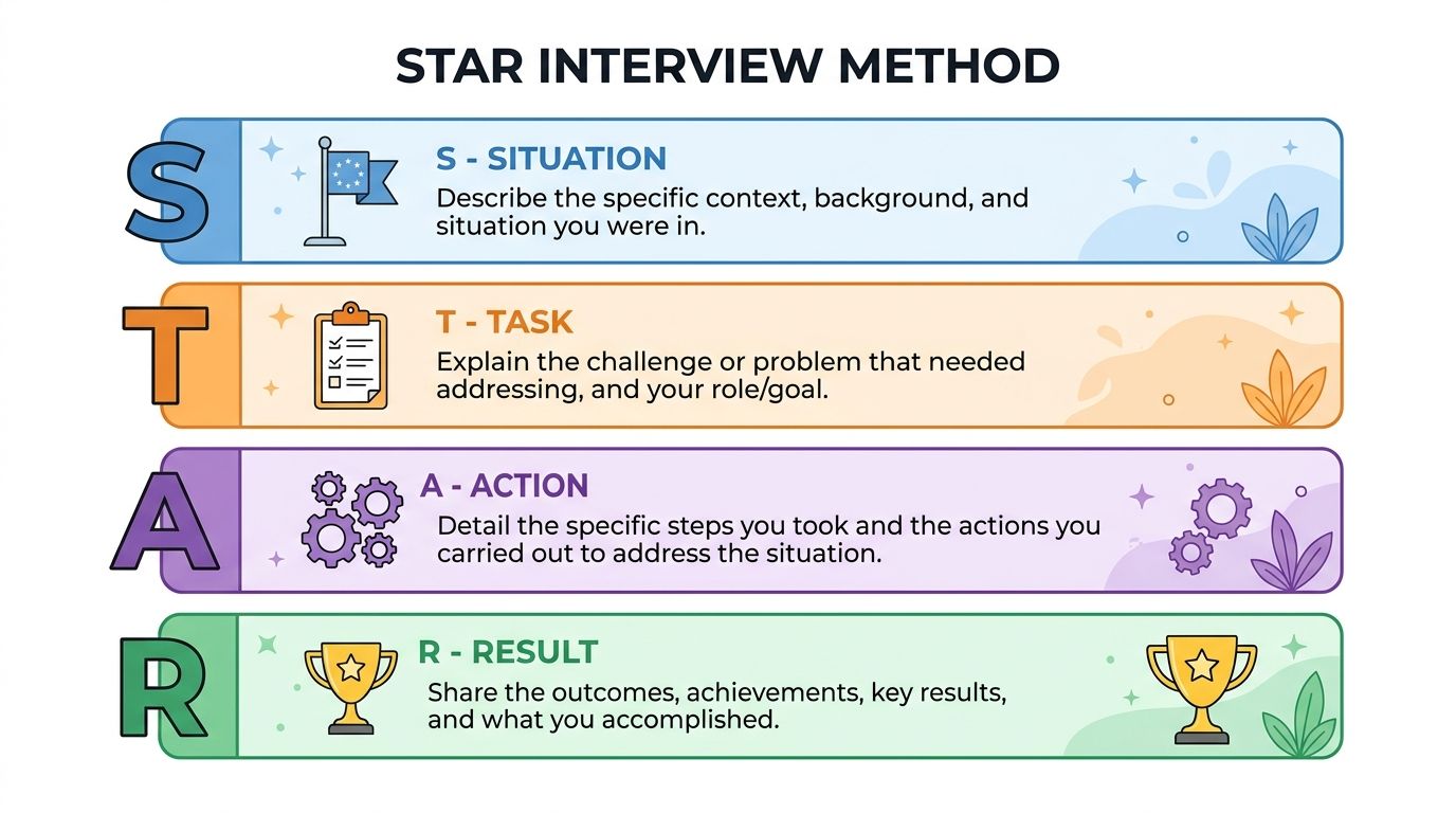 A visual guide explaining the STAR interview method with four steps: Situation, Task, Action, and Result.