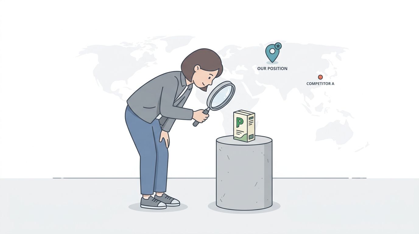 A professional woman uses a magnifying glass to examine a product package on a pedestal pedestal.