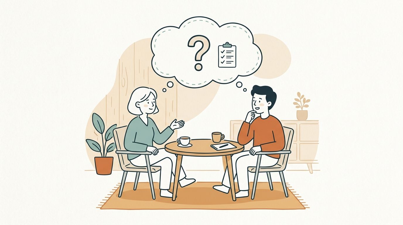 A man and woman sitting at a table discussing strategy with a question mark and checklist graphic.