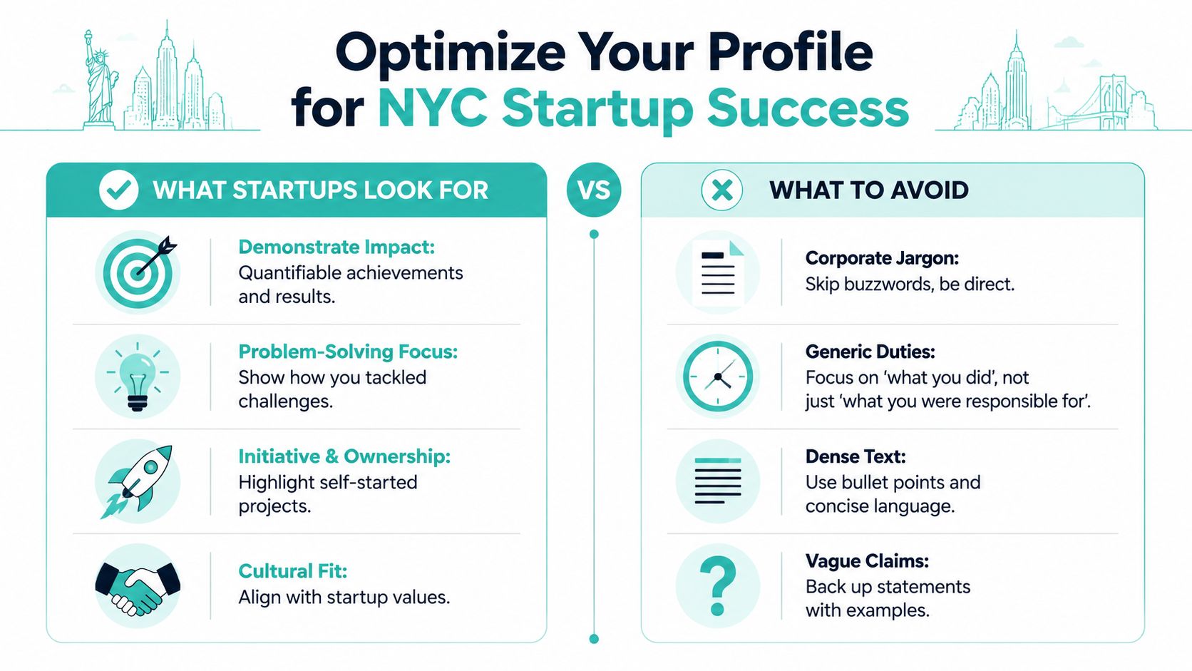 An infographic showing tips for optimizing your professional profile for successful job hunting in NYC startups.