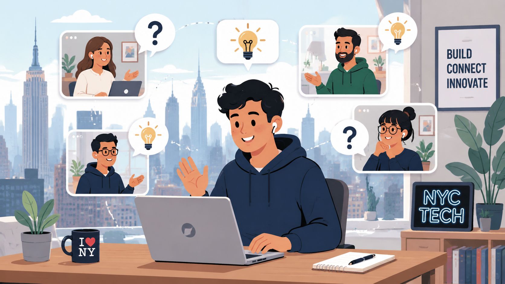 A young man having a video conference call with colleagues in a remote work setting.