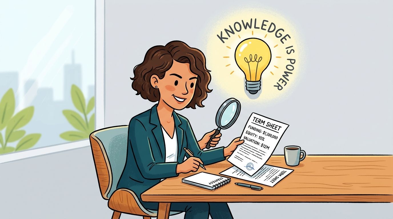 A professional woman studying a term sheet with a magnifying glass in a bright office environment.