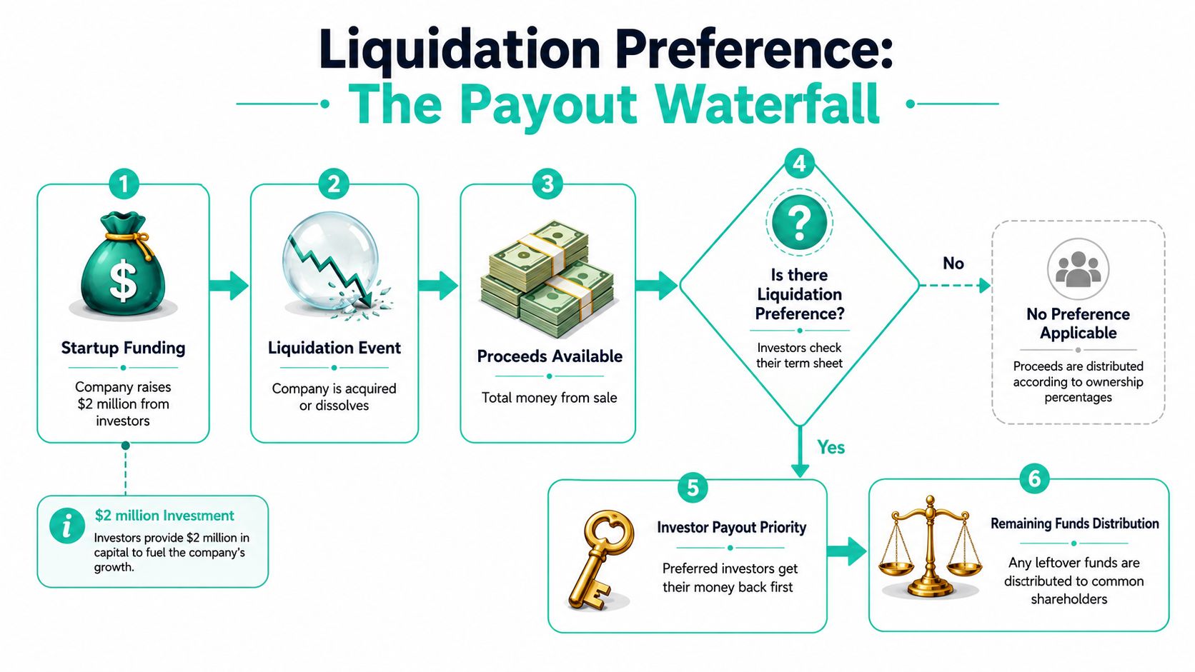 A flowchart infographic explaining the process and payout waterfall of liquidation preference in startup funding.