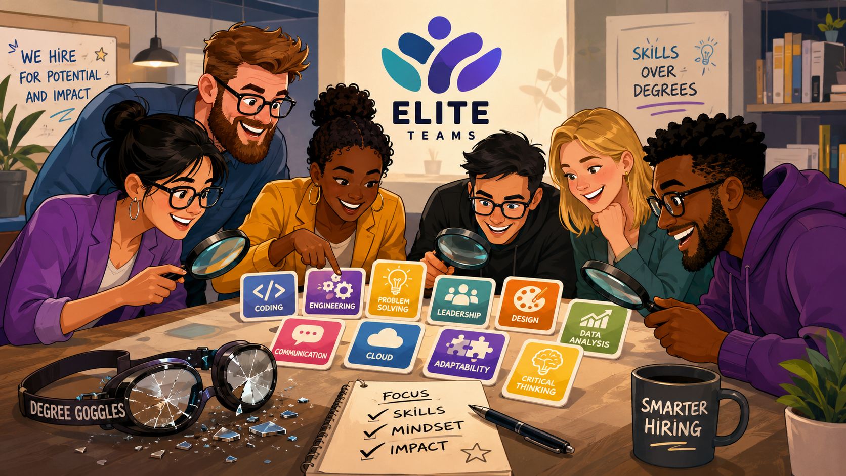 A diverse group of professionals looking at skill-related icons through magnifying glasses to represent modern hiring practices.