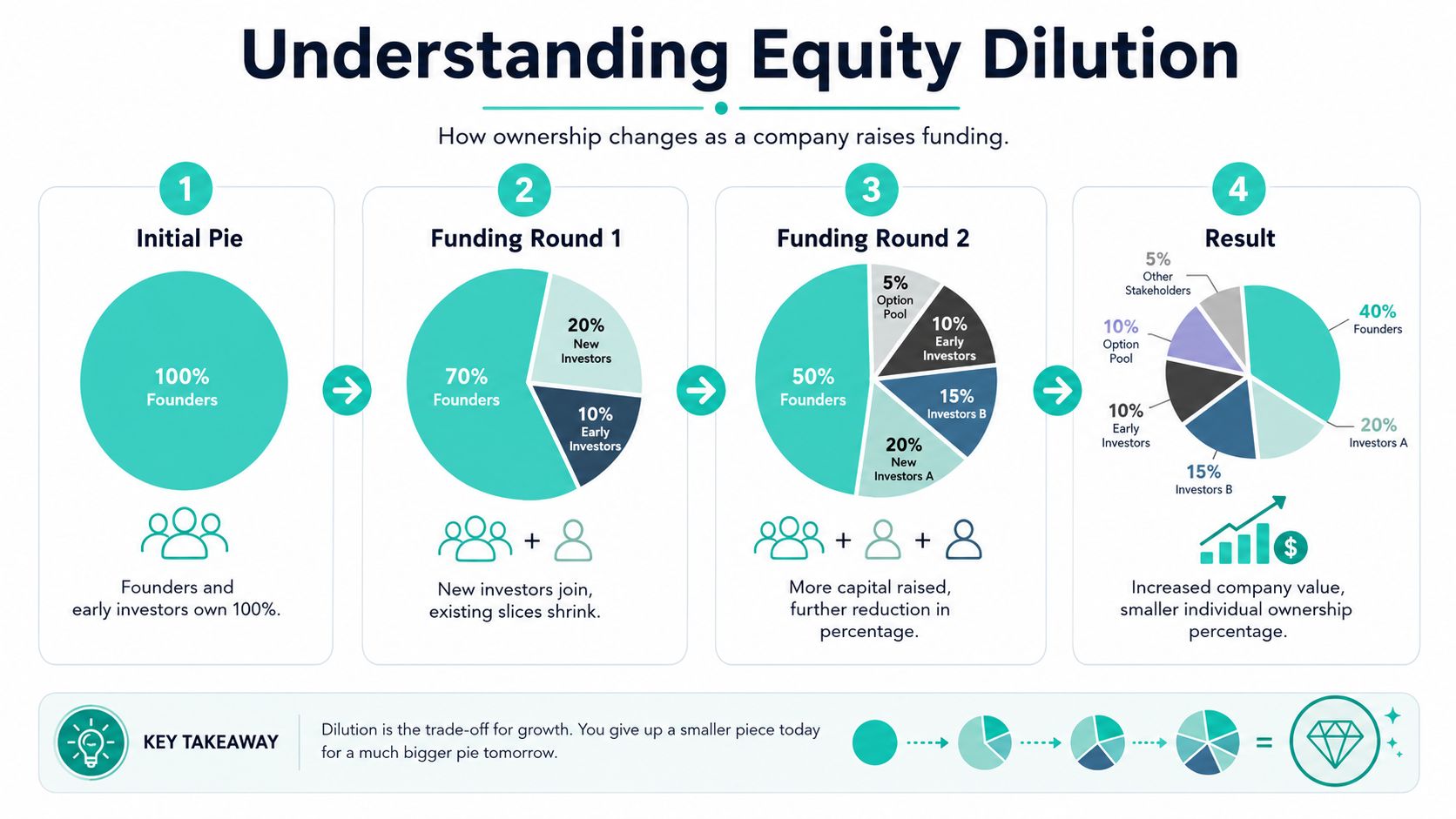 An infographic illustrating equity dilution showing how ownership percentages change across four stages of startup funding rounds.