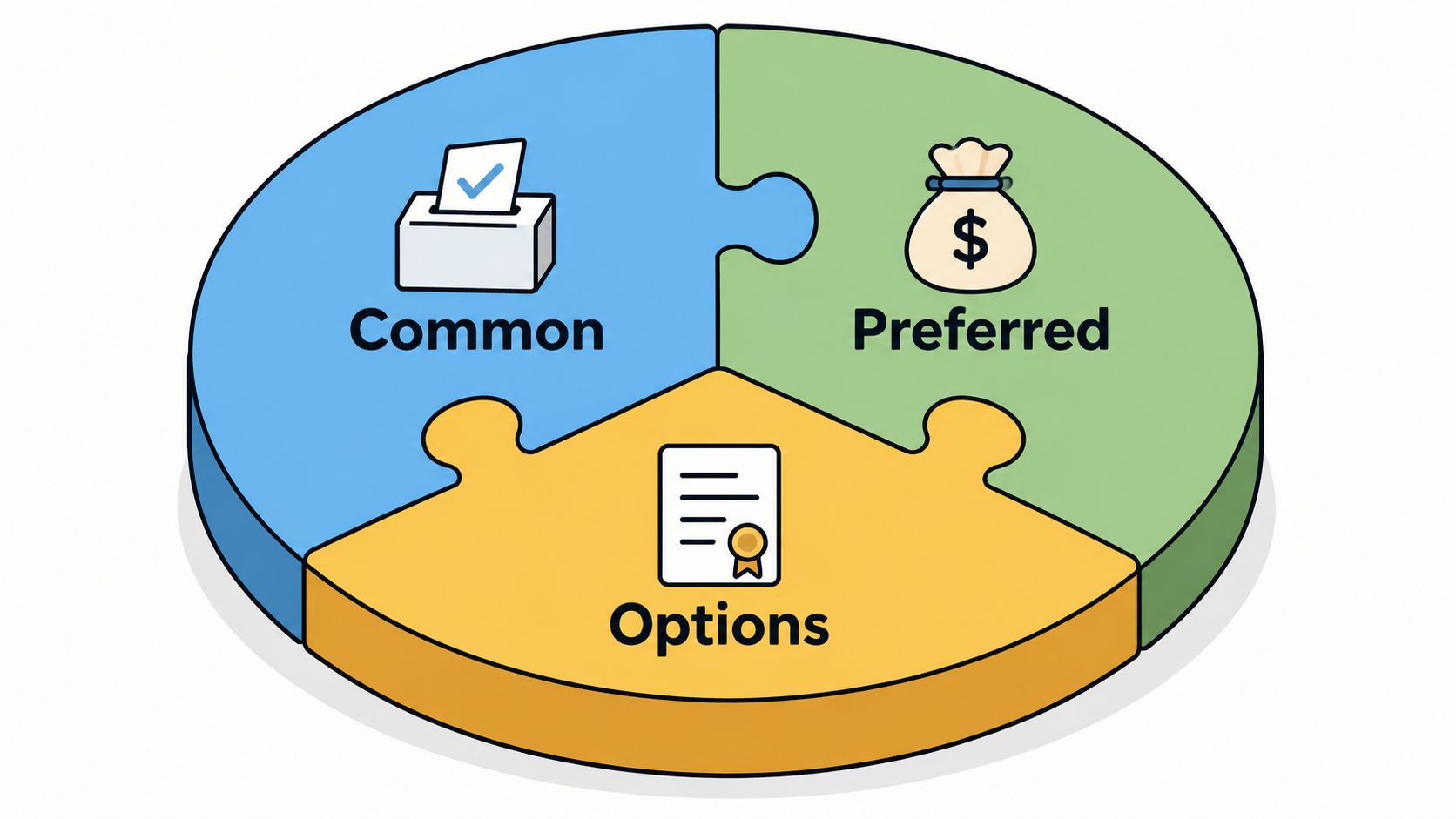A diagram illustrating startup cap table structure with three puzzle pieces labeled Common, Preferred, and Options.