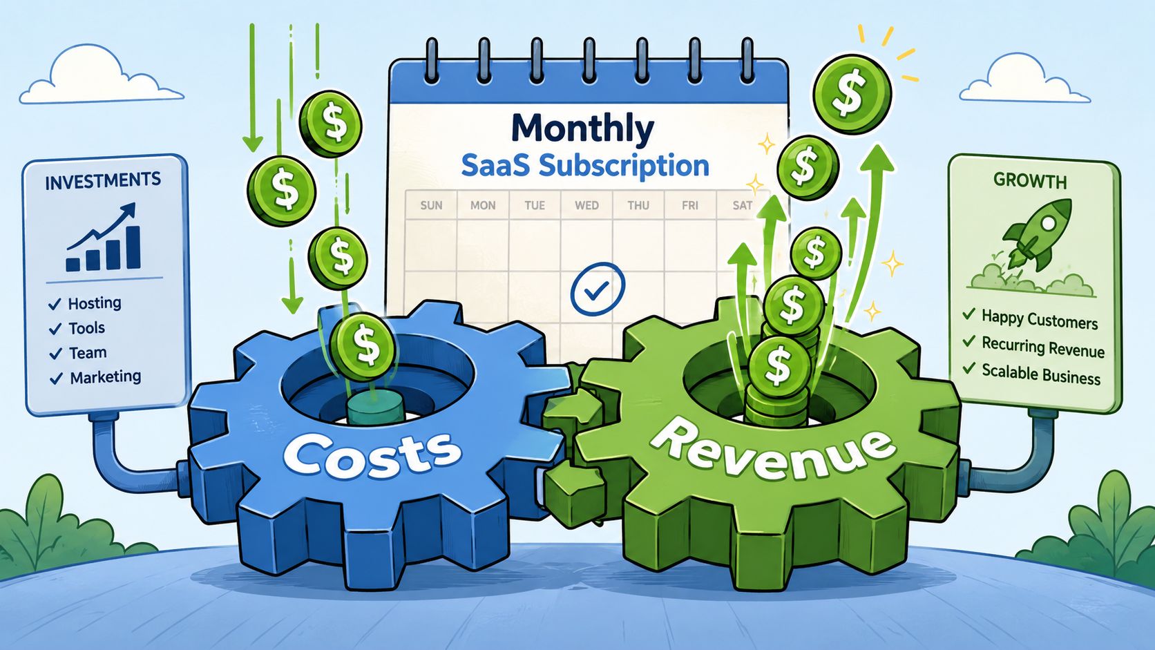 An illustration showing business costs and revenue as gears with investments fueling monthly SaaS subscription growth.