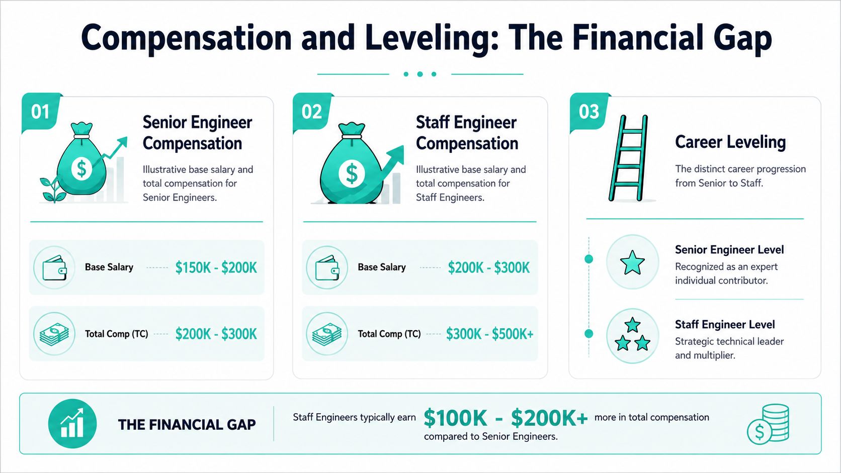 An infographic comparing the compensation differences between senior engineers and staff engineers in the technology industry.