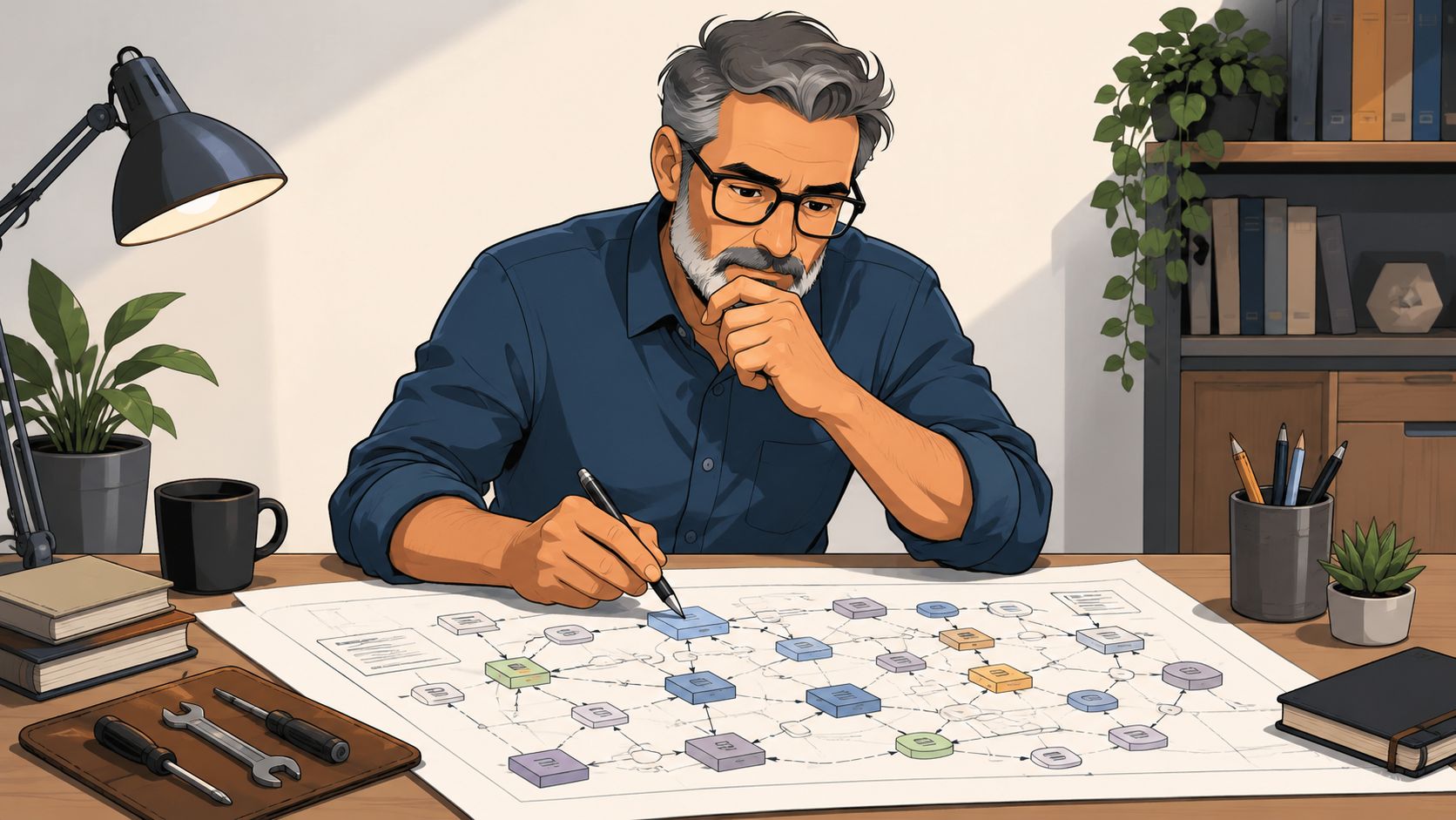 A professional staff engineer carefully sketching complex system architecture designs on a large paper blueprint at his desk.