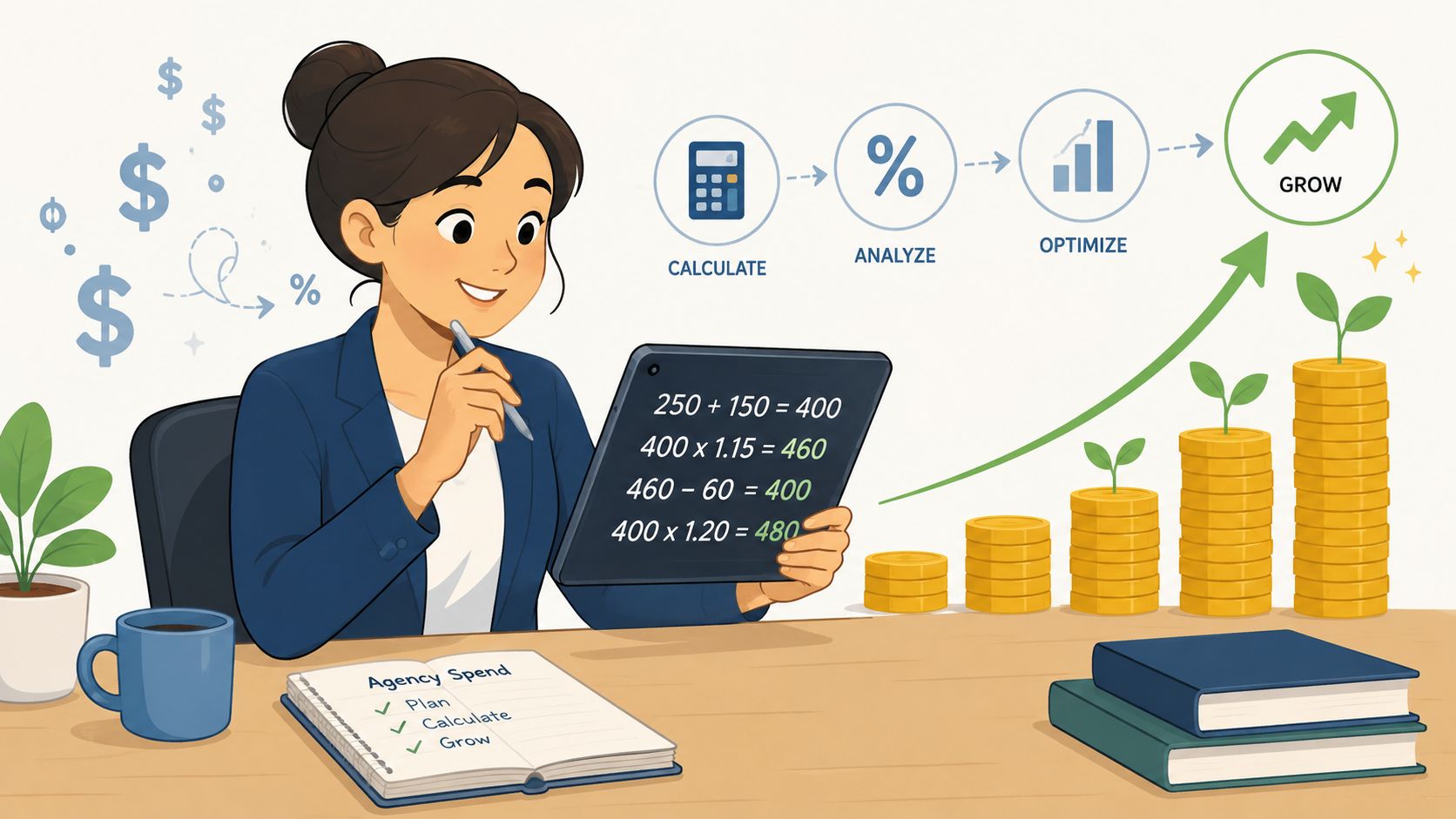 A professional woman calculating business growth strategy on a digital tablet with financial stacks and icons.