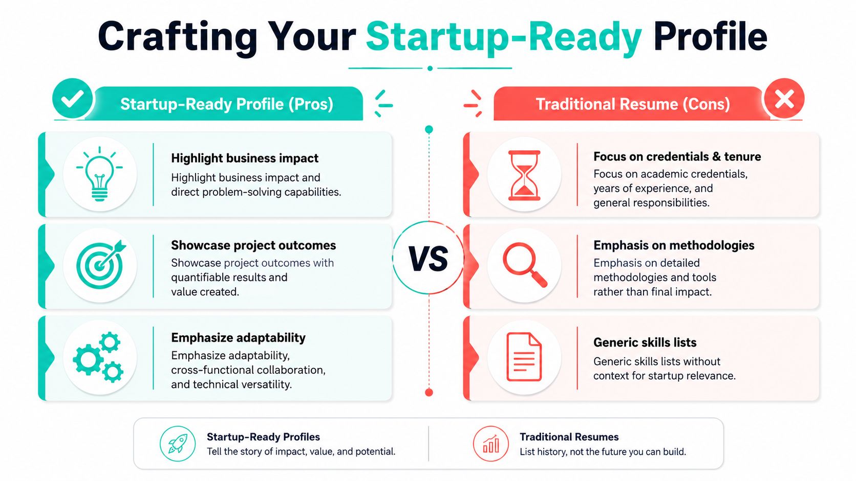 A comparison infographic showing the key differences between a results-focused startup-ready profile and a traditional tenure-based resume.
