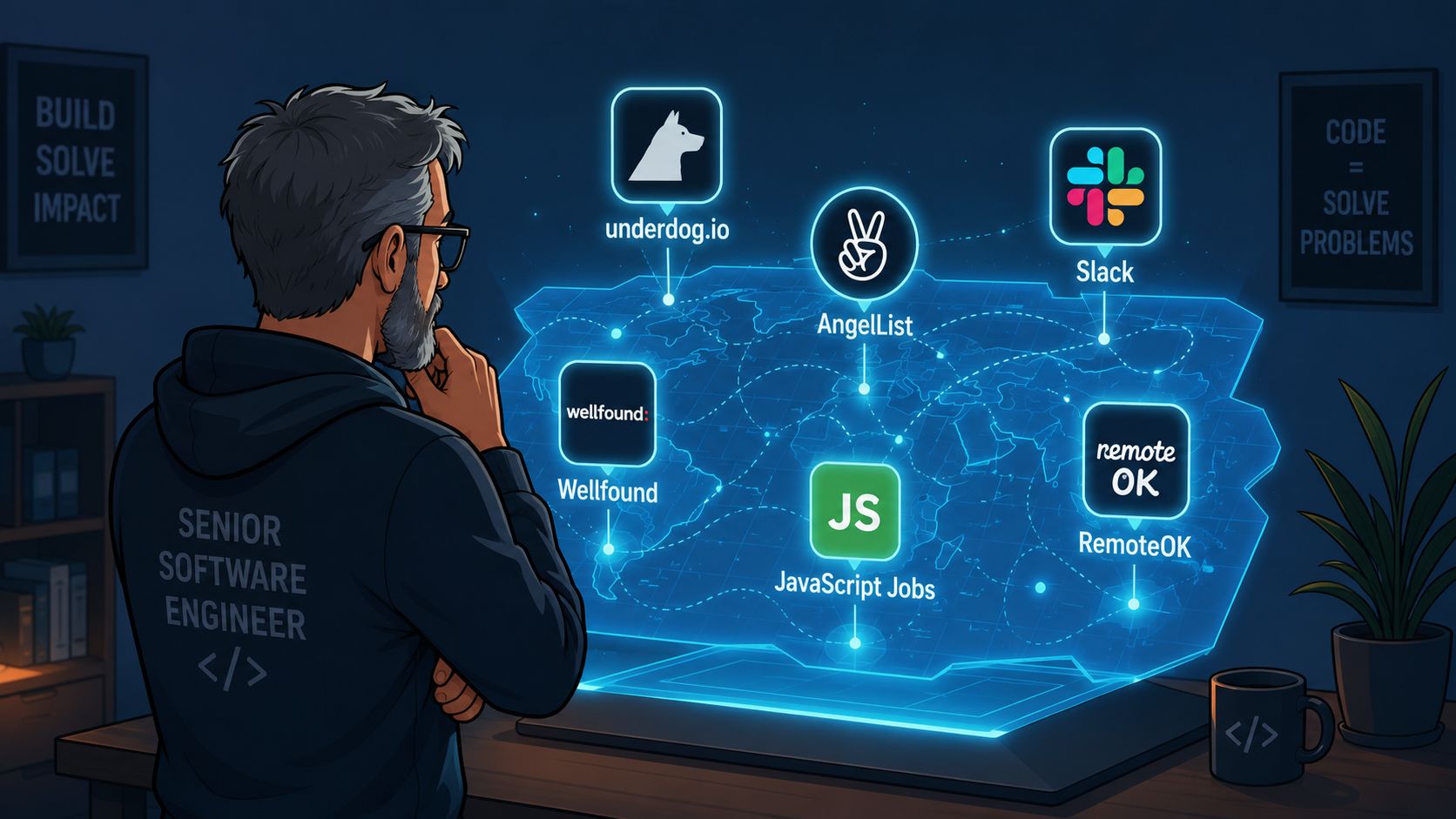 A senior software engineer looking at a digital map displaying various tech job platforms and career resources.