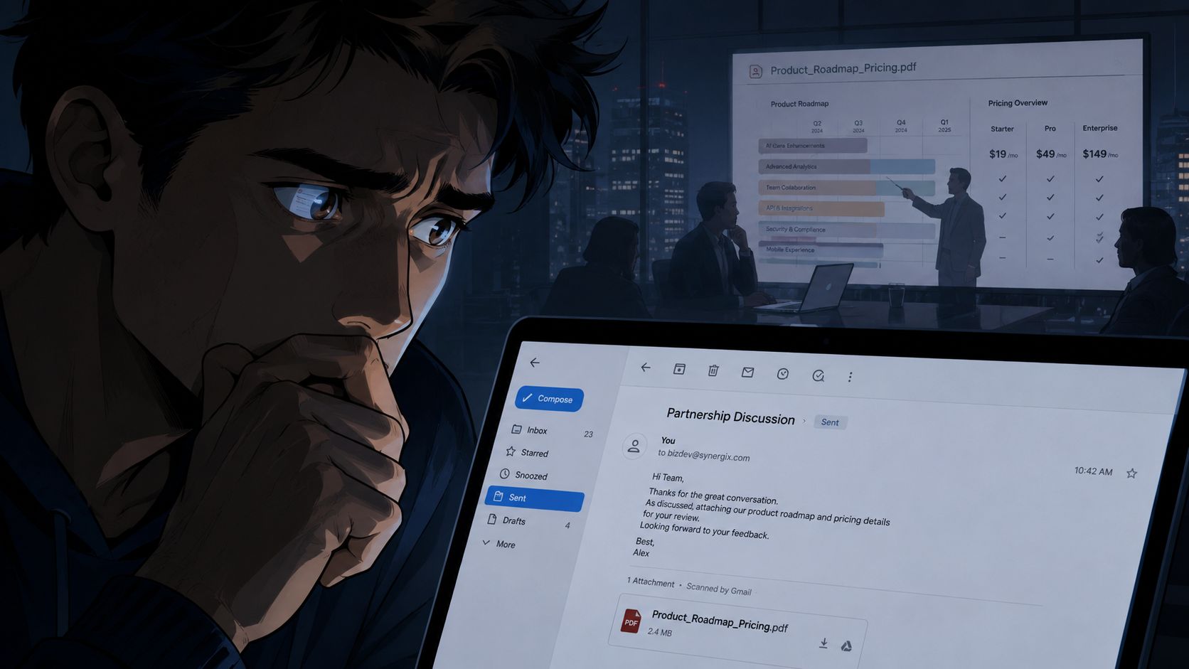 A worried man watches a corporate meeting presentation about a product roadmap and pricing on a screen.