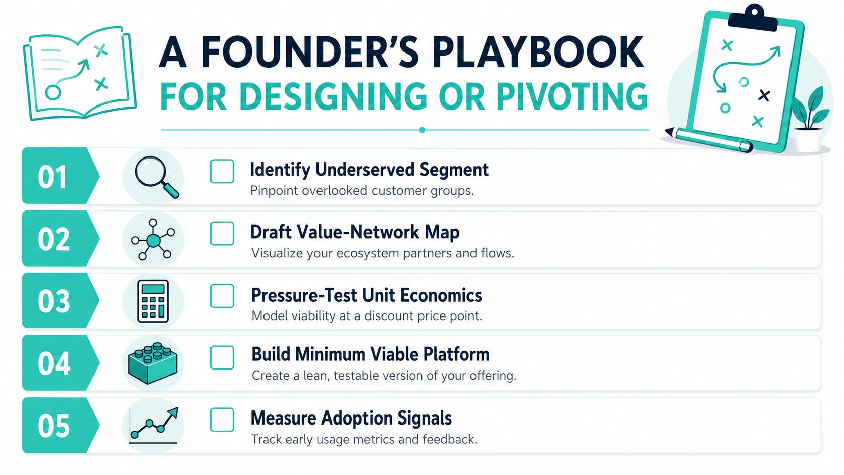 A checklist of five strategic steps for founders designing or pivoting a business model.
