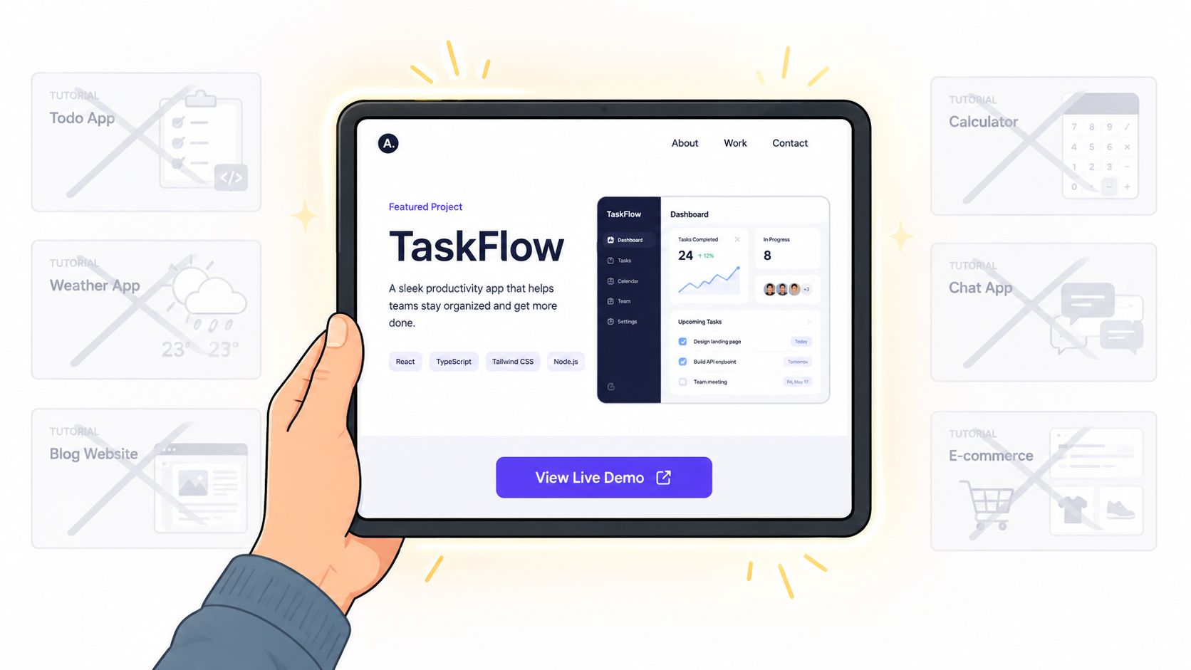 A hand holding a tablet displaying a professional productivity app project portfolio website design for developers.
