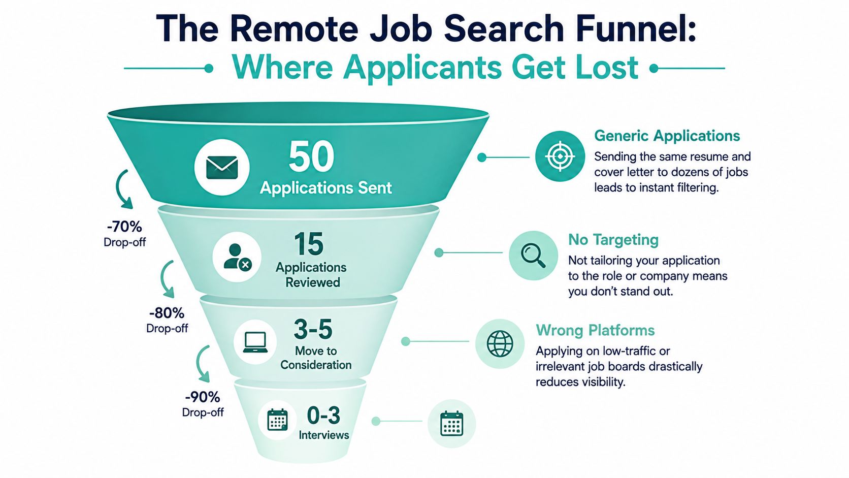 A funnel diagram illustrating the stages of a remote job search and where applicants often drop off.