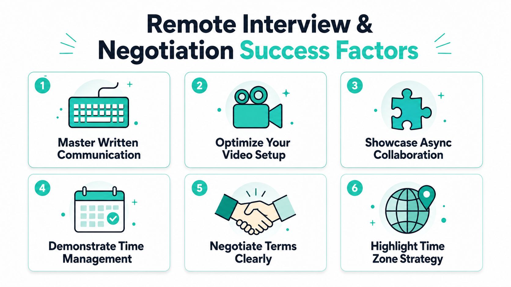 An infographic titled Remote Interview and Negotiation Success Factors featuring six key tips for professional success.