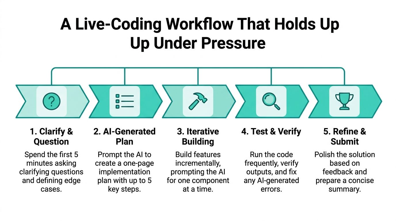 A five-step workflow for live coding interviews using AI tools to improve efficiency and reduce pressure.