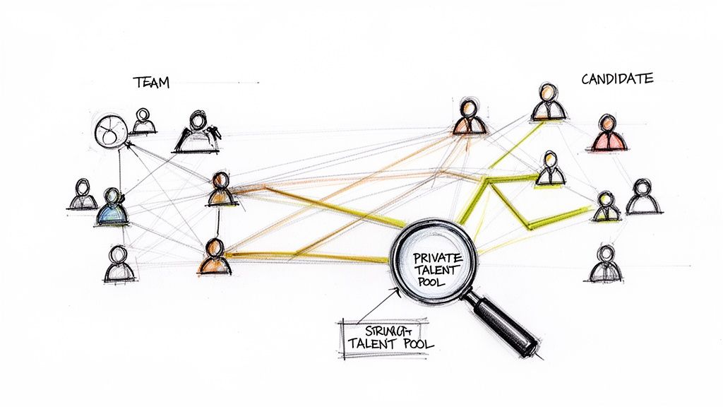 A diagram illustrating team members connected to candidates, identifying a private talent pool.