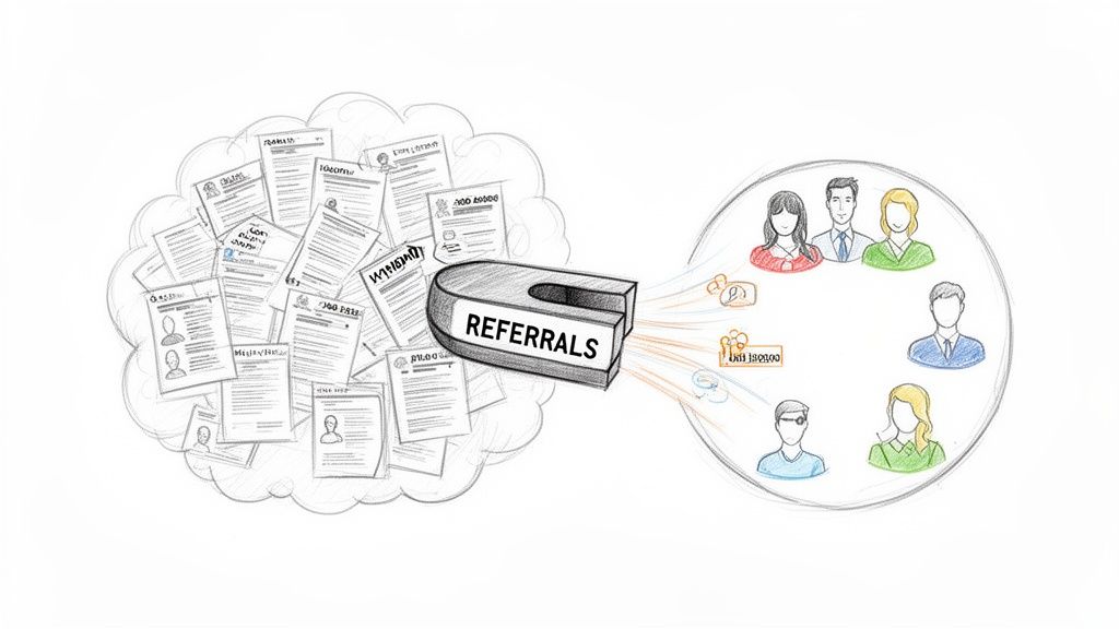 A magnet labeled 'Referrals' attracts resumes and applications towards a diverse group of potential candidates.