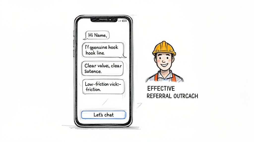 An illustration of a smartphone displaying a referral outreach chat, next to a smiling construction worker.