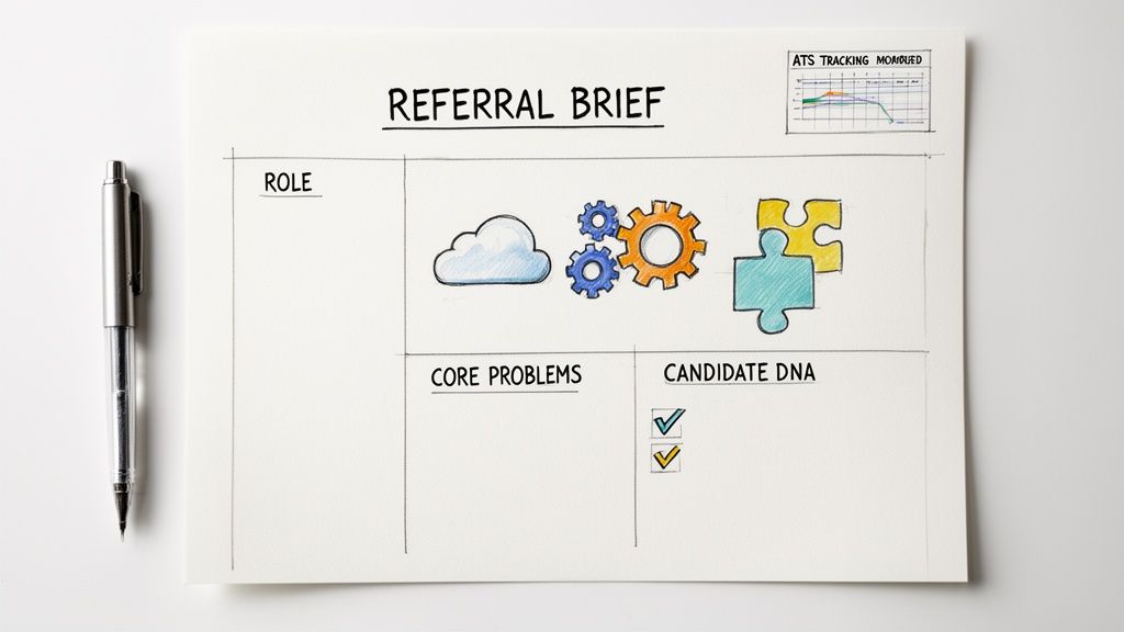 A hand-drawn 'Referral Brief' document outlining role, problems, and candidate DNA, with a pen.