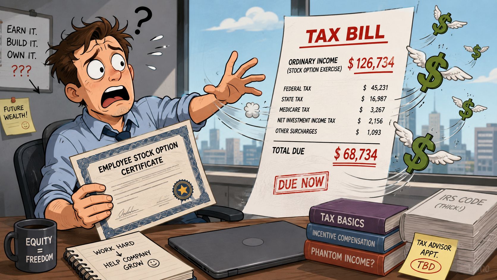 A shocked employee looks at a large tax bill due to stock options with flying money icons.