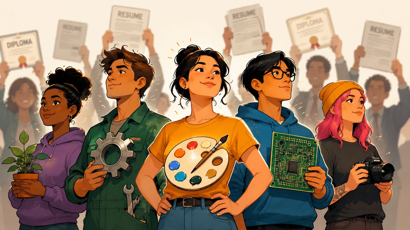 A diverse group of young professionals holding tools and symbols representing their varied career skills and expertise.