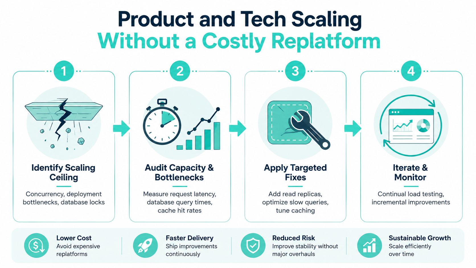 A four-step infographic illustrating a strategic guide for product and tech scaling without expensive system replatforming.