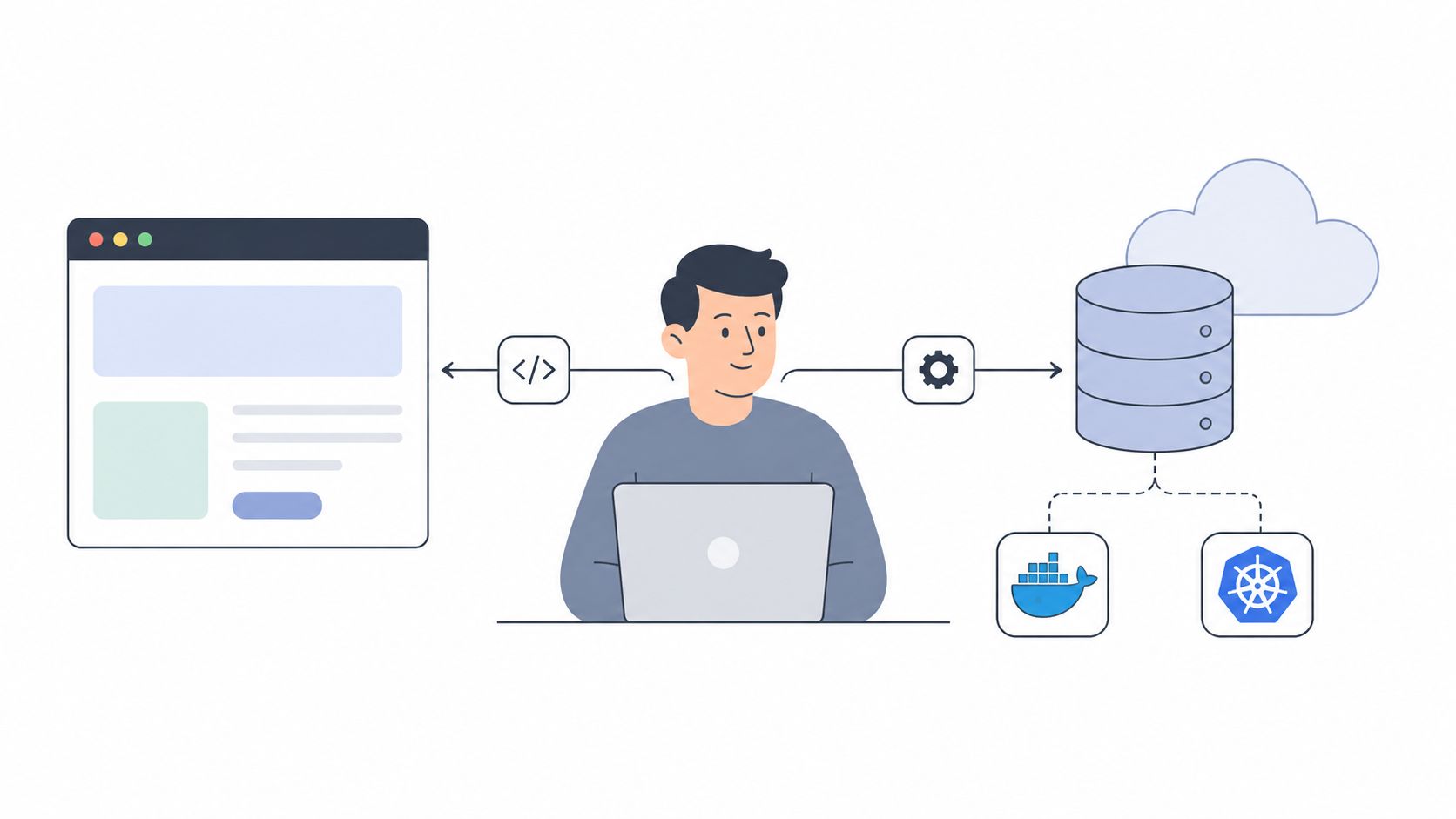 A professional software engineer using a laptop to manage web development, containerization, and cloud database infrastructure systems.