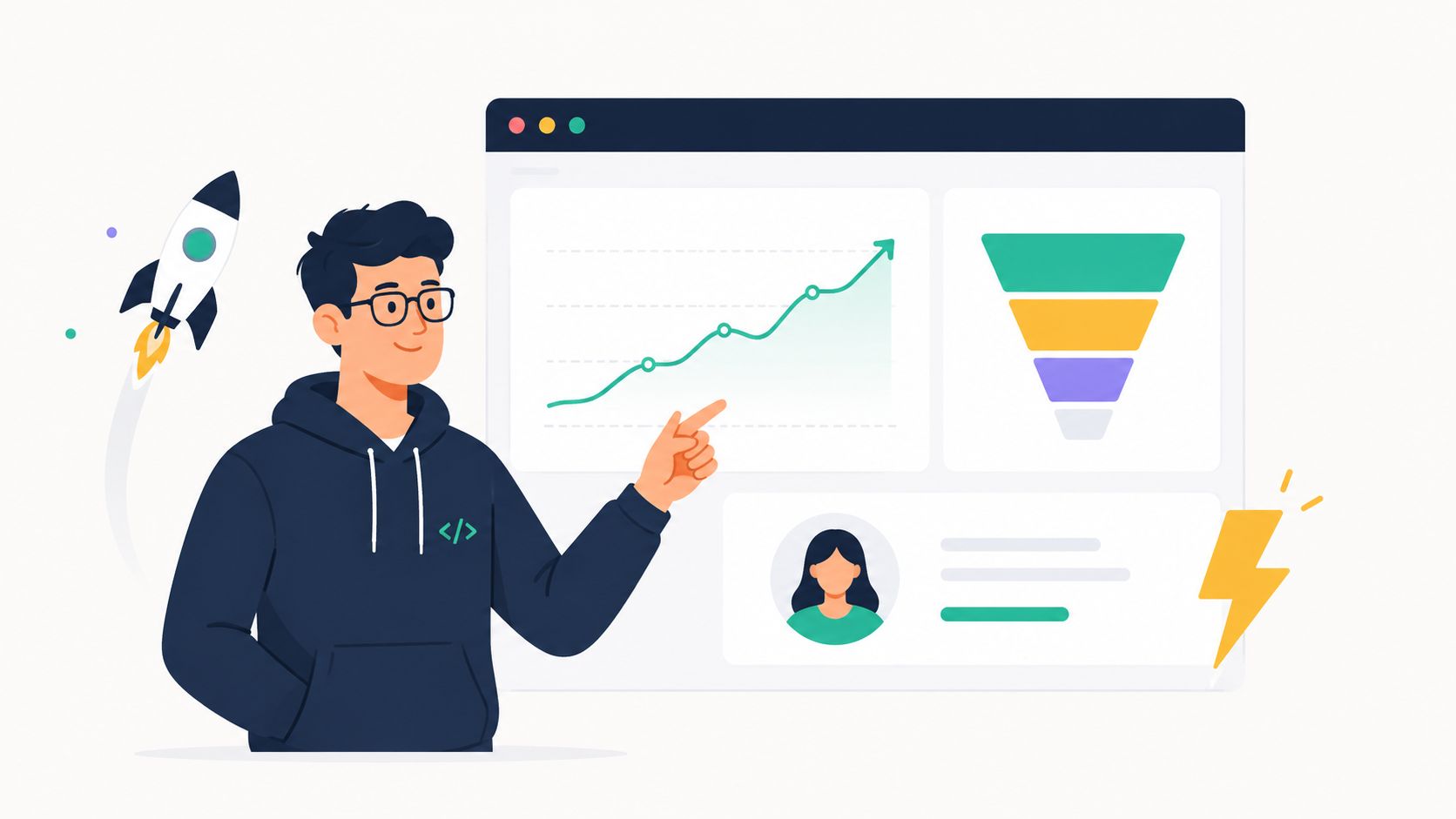 A male software engineer pointing at a digital dashboard featuring a growth chart, sales funnel, and analytics.