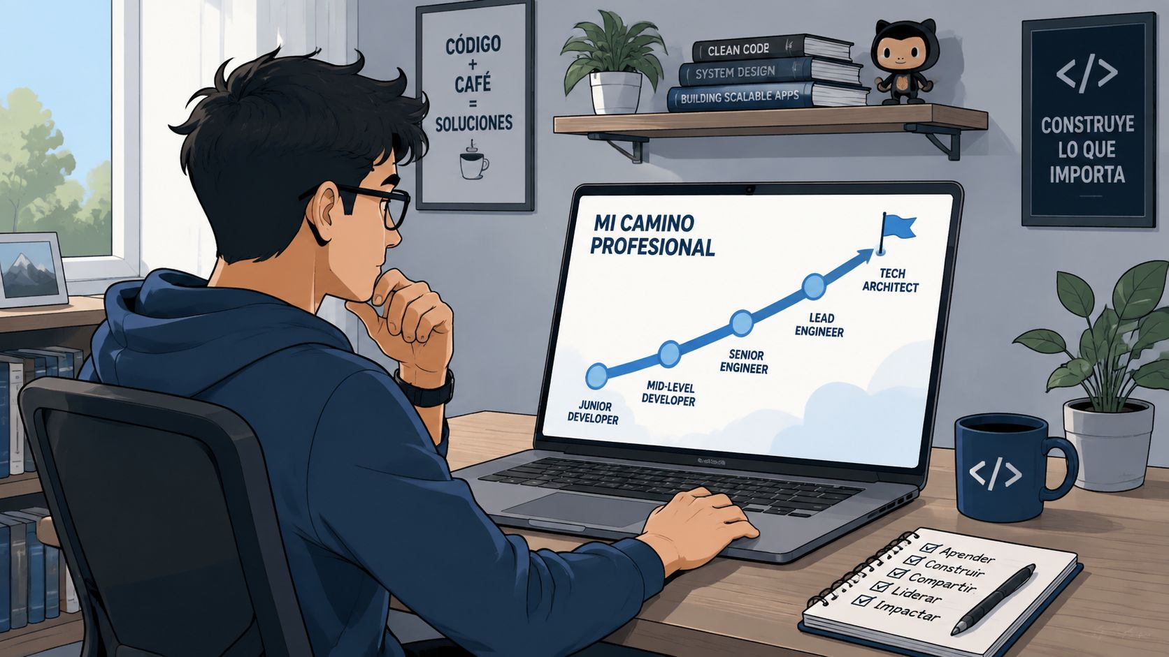 A young programmer sitting at a desk looking at a career growth roadmap on their laptop screen.