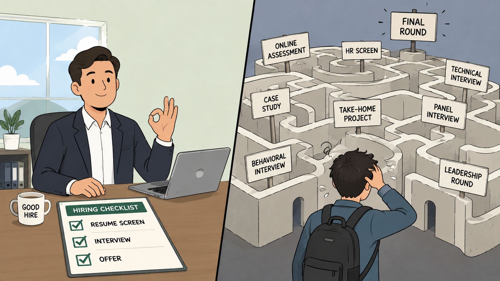 A split image contrasting a recruiter's simple hiring checklist with a candidate's complex maze of interviews.